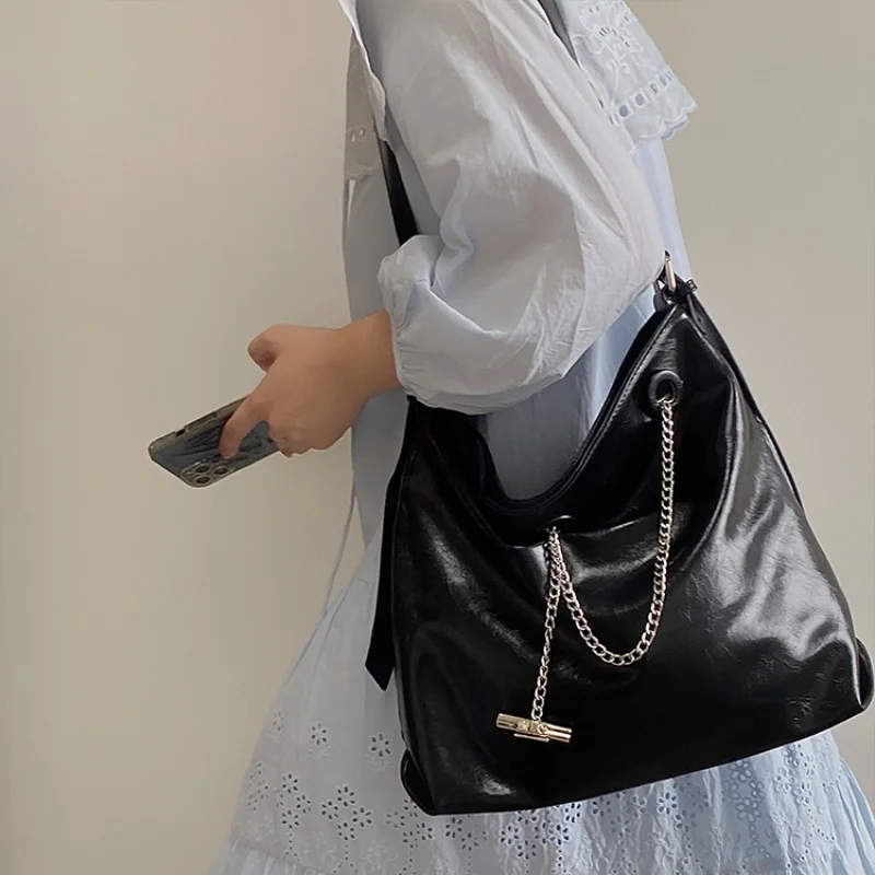 

Черные женские сумки через плечо из искусственной кожи, вместительные дамские сумочки-мессенджеры на цепочке, тоуты для женщин