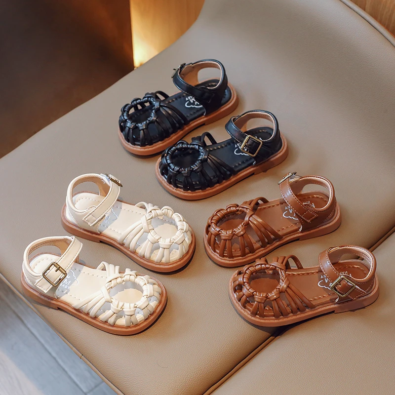 

Сандалии детские кожаные с открытым носком, простая дышащая обувь, Нескользящие, с переплетением, модные летние римские сандалии для девоче...