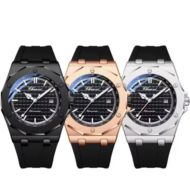Фото CHENXI 8268 модные мужские кварцевые часы премиум-класса с ночником, силиконовый ремешок, водостойкий календарь, повседневные мужские текстурные часы, подарок №4