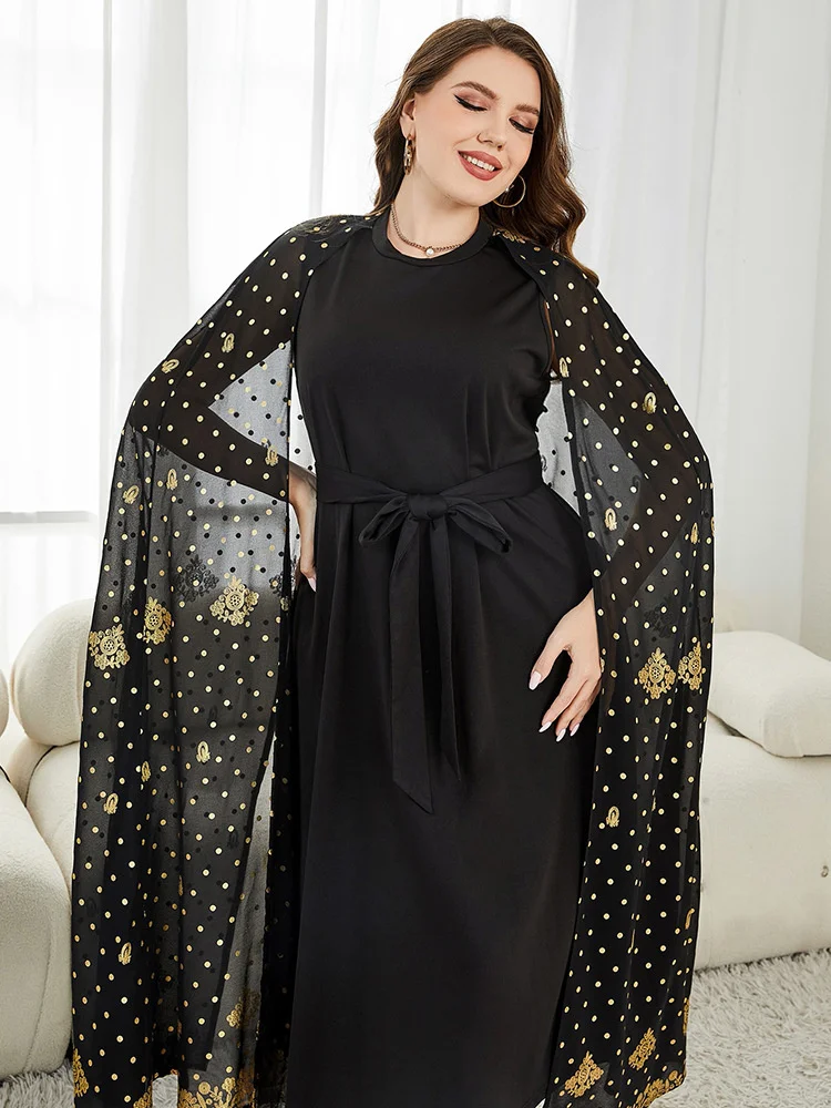 Plus Size Dresses 2023 New Women Fashion Stitching Black Round Neck Elegant Dresses Large Casual Lady Solid Colour Lacing Dress