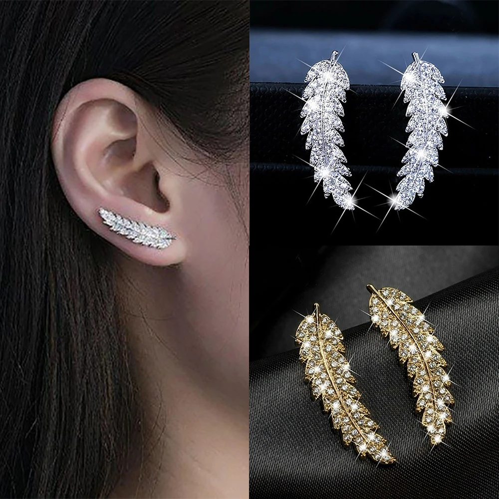 

Delicate Feather Wings Ear Cuff Climbing Earrings for Women Ladies Silver Color Crystal Birthday Party Jewelry Accessories Gift