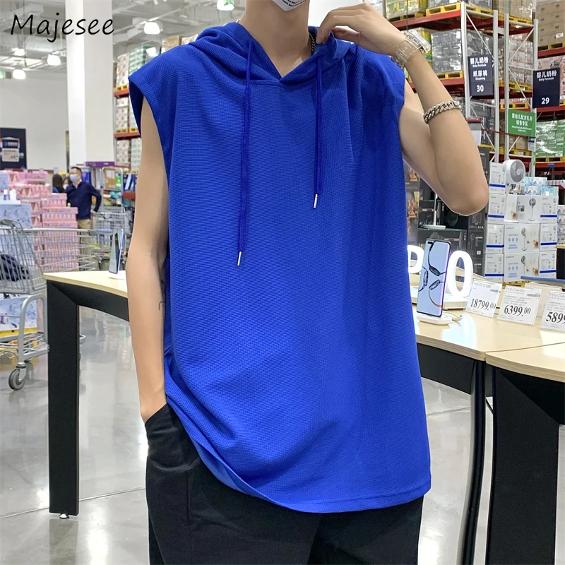 

Men Tanks Tops Hooded Pure Color All-match Teens High Street Hip Hop Fashion Male Ulzzang Handsome Popular Sleeveless Casual Ins