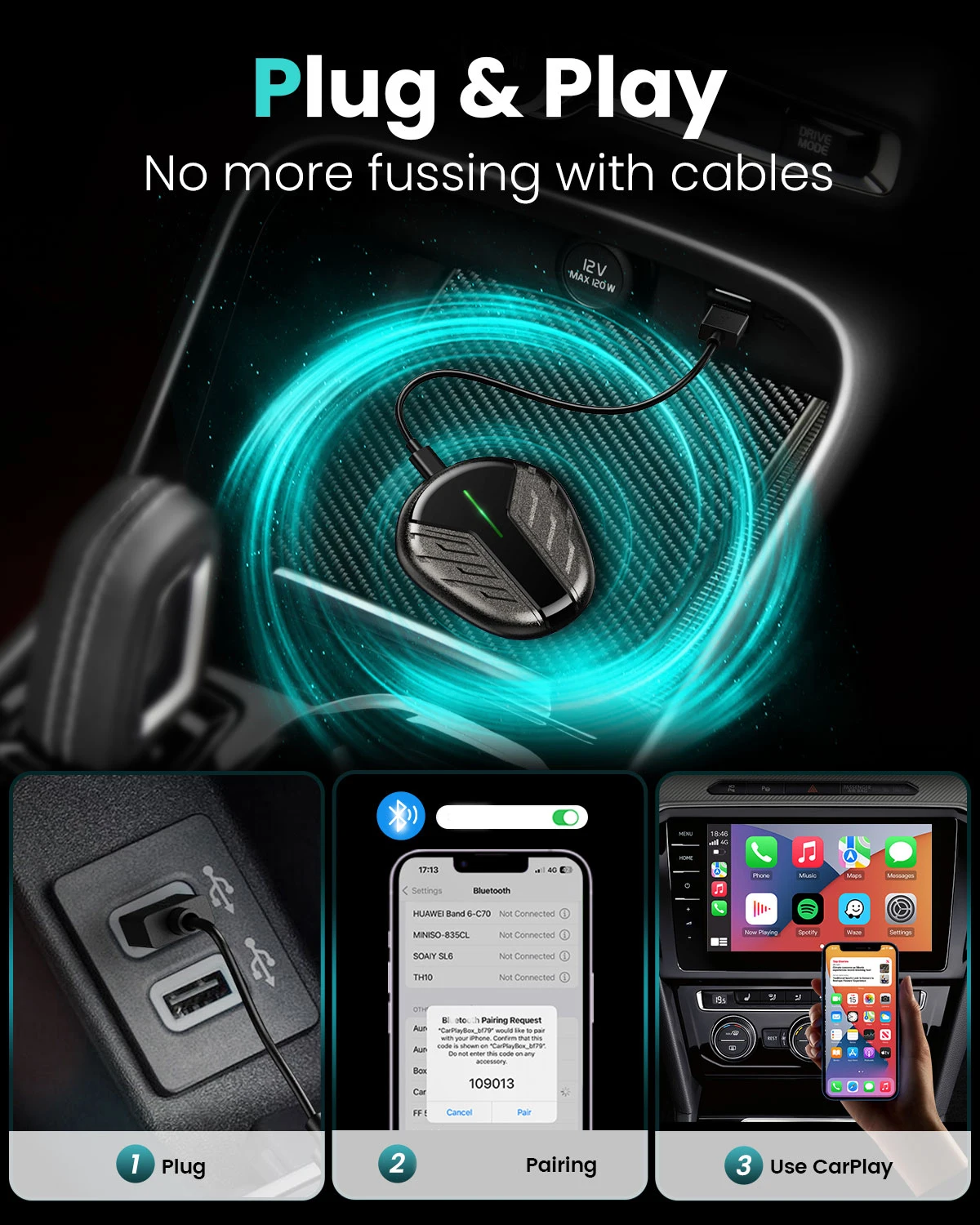 Беспроводной адаптер CarPlay для iPhone IOS Преобразование проводного в беспроводной Plug