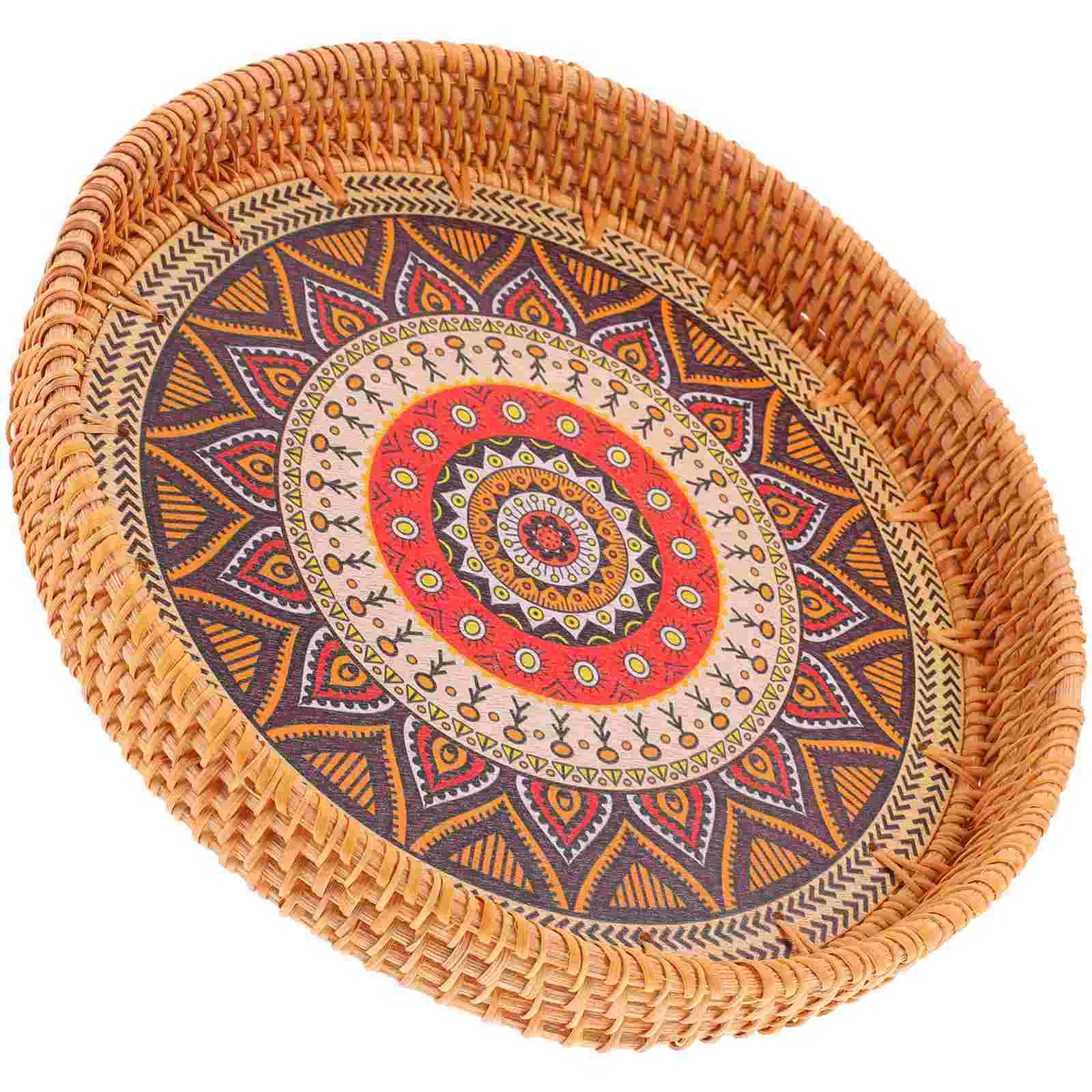 

Tray Basket Rattan Storage Woven Fruit Wicker Snack Plate Platter Bread Coffee Serving Organizer Round Candy Picnic Drinks