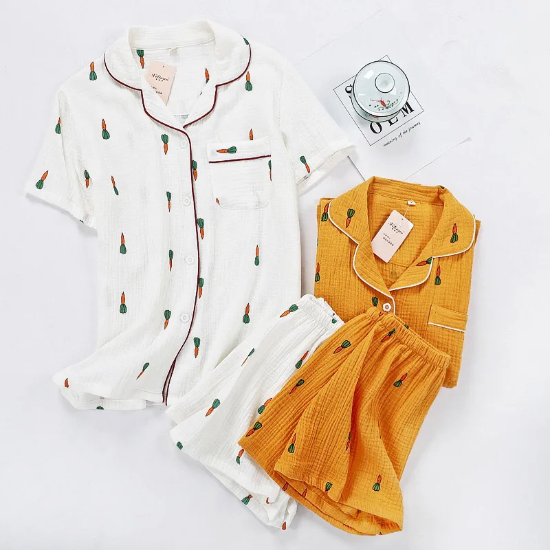 2023 women pajamas suits summer comfortable cotton gauze lapel suit Ms. Thin loose cartoon printing household to take