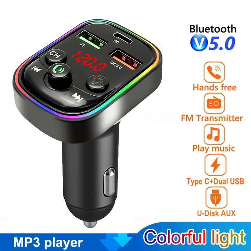 RGB Bluetooth 5.0 FM-передатчик Громкая связь Автомобильный радиомодулятор U-диска Aux