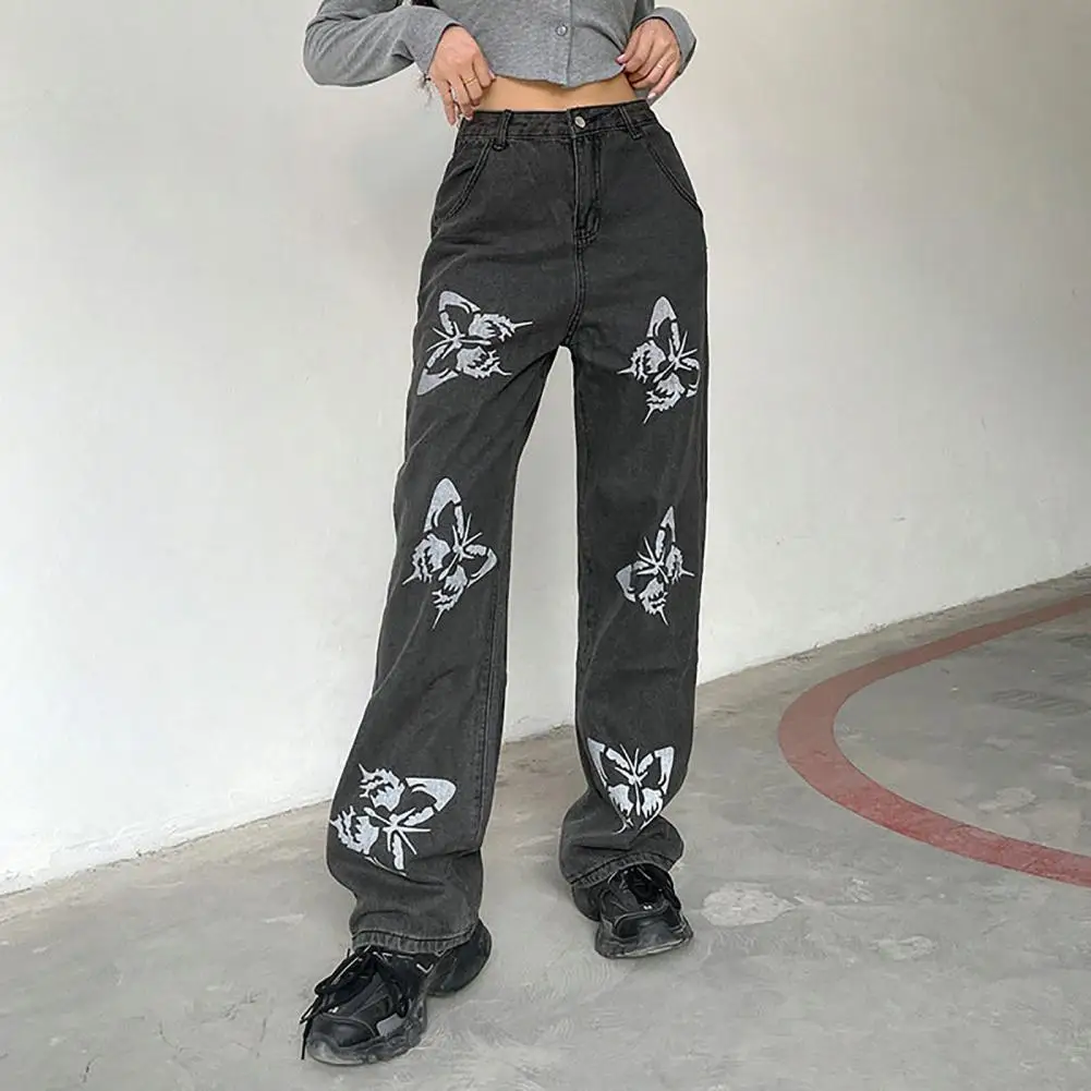 

High Waist Multi Pockets Butterflies Print Button Zipper Fly Women Jeans Straight Wide Leg Washed Casual Denim Cargo Pants Stree