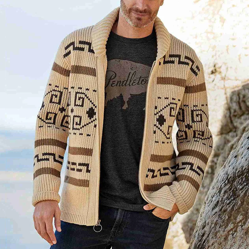 

Autumn and winter new men's fashion Lapel casual cardigan jacket Long-sleeved slim jacquard knitted sweater