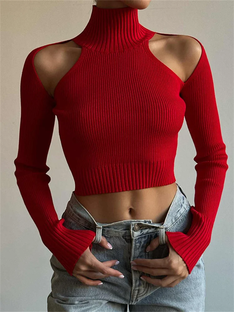 

Женская трикотажная водолазка с вырезами, повседневная облегающая футболка с длинным рукавом и открытыми плечами, весна 2023