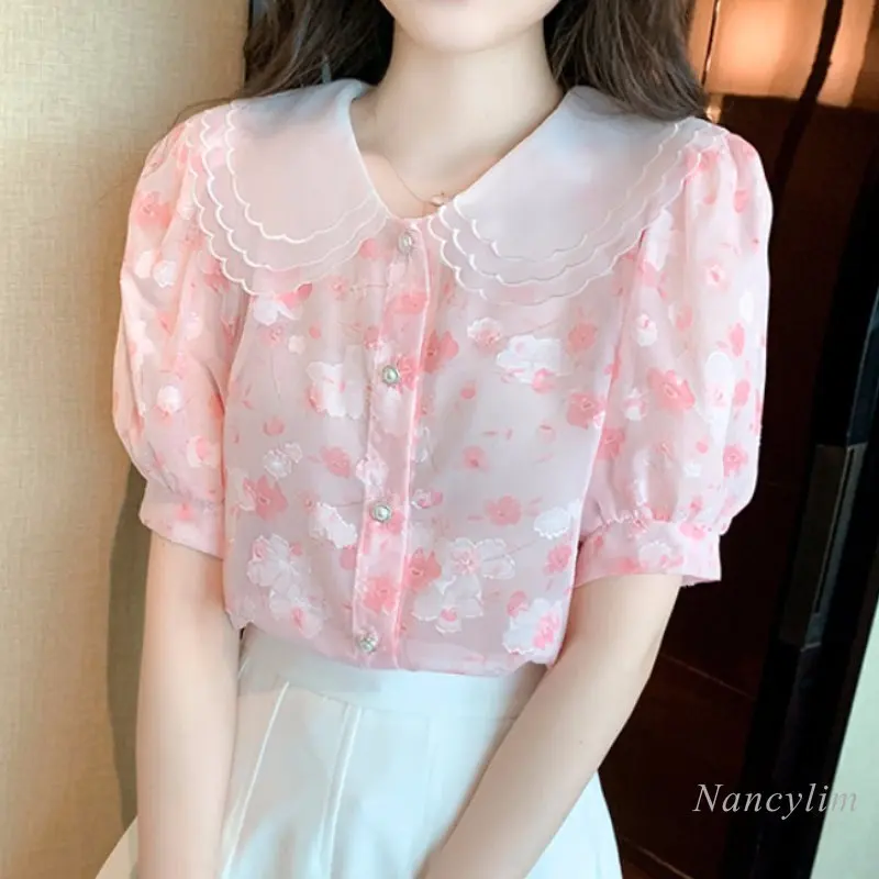

Fashion Floral Chiffon Blouse Top Women's Summer Clothes 2023 New Temperament Peter Pan Collar Short Sleeve Shirt Sweet Blusas