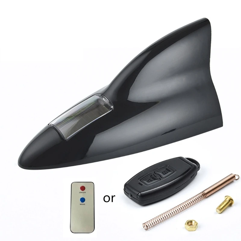 

Universal Car Shark Fin Roof Antenna Solar Power Aerial LED Warning Tail Rear Light With Remote Control Car Accessories