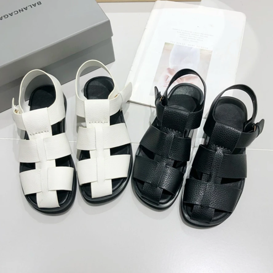

Jenny&Dave French Ins Blogger Leather Woven Roman Shoes Ladies Fashion Summer Square Toe Hollow Platform Sandals Women's