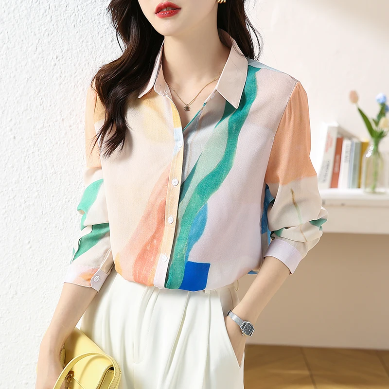 

Женская шифоновая блузка с длинным рукавом, свободная винтажная блузка с отложным воротником и принтом, новинка весны-лета 2022