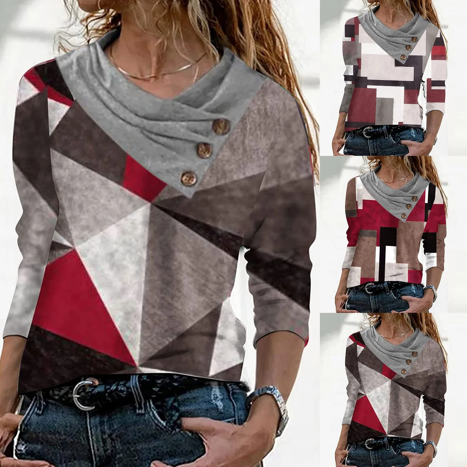 

Женская футболка с длинным рукавом, V-образным вырезом и геометрическим принтом