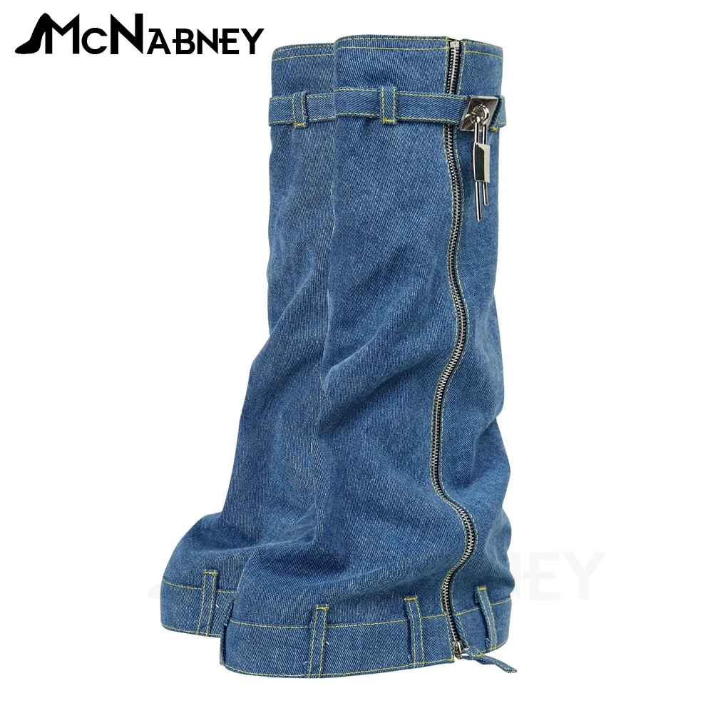 Denim Platform Biker Boots Chunky Heel Boots Metal Lock Boots Designer Style Knee High Fashion Zipper Jeans Design Women Boots