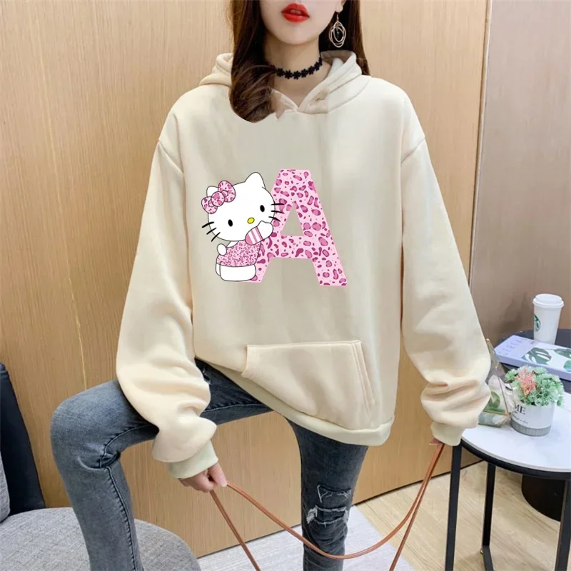 

Sanrio аниме надпись A-Z Hello Kitty бежевая теплая толстовка осенний свитер с капюшоном Зимний пуловер Женская мягкая одежда с сердцем кавайный подарок