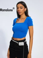 women short sleeve square shirring folds crop top tee tshirt pink blue s m