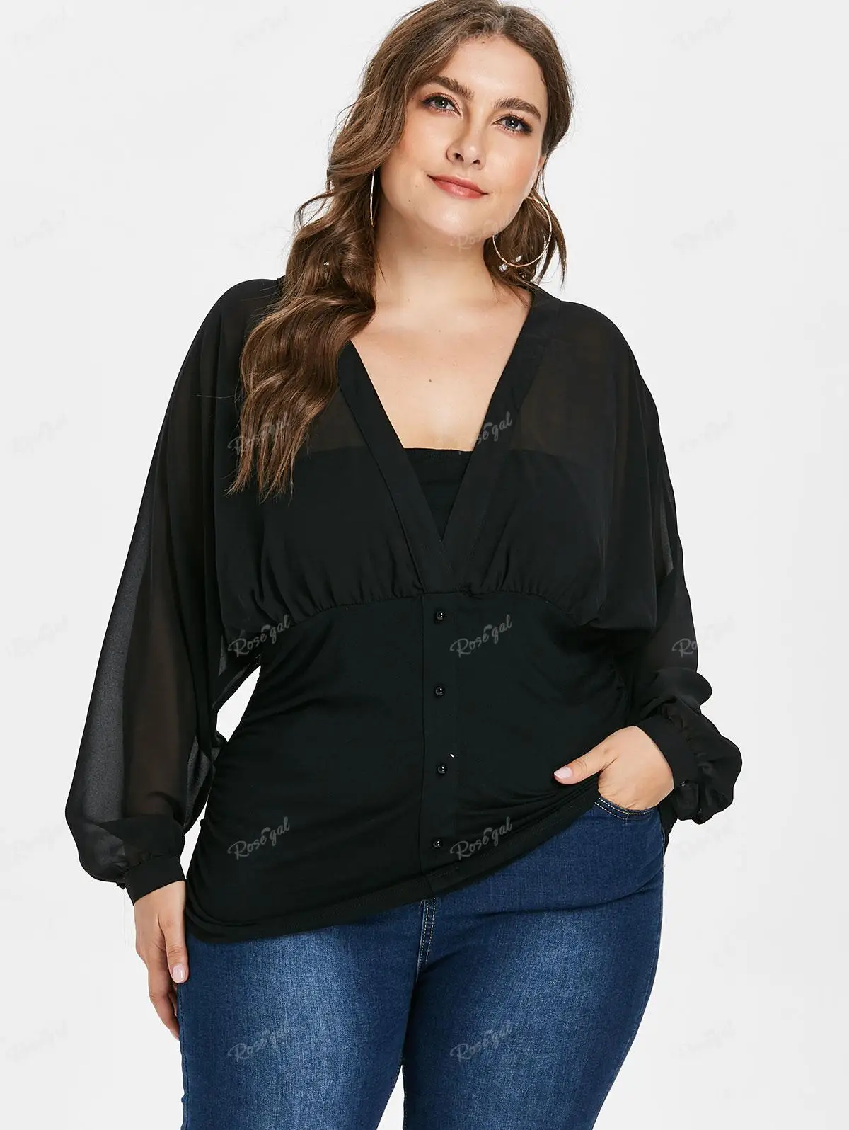 

ROSEGAL Plus Size Plunging Buttons Chiffon T-shirt Female Casual V-Neck Sheer Dolman Sleeve Patchwork Y2K Top