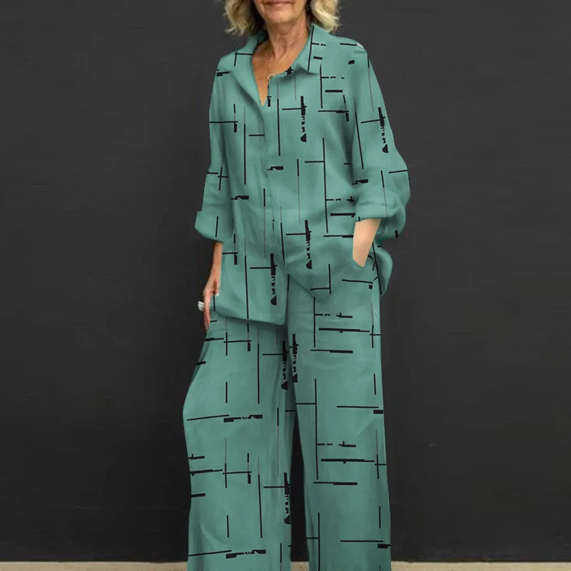 Женский новый повседневный костюм с принтом рубашка длинным рукавом и отложным