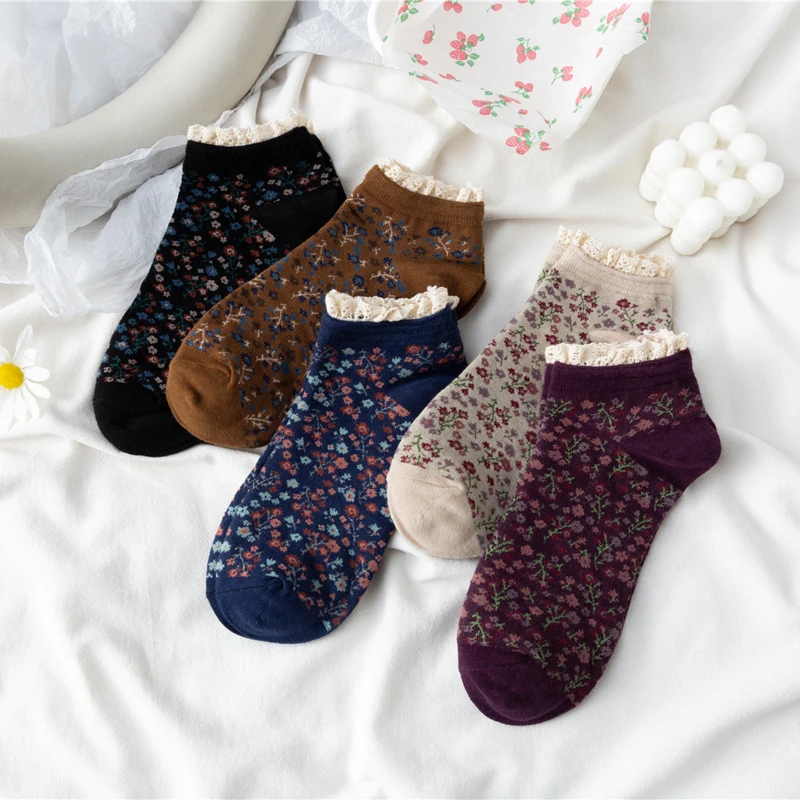New Japanese girls lace boat socks floral retro women's socks Korean socks