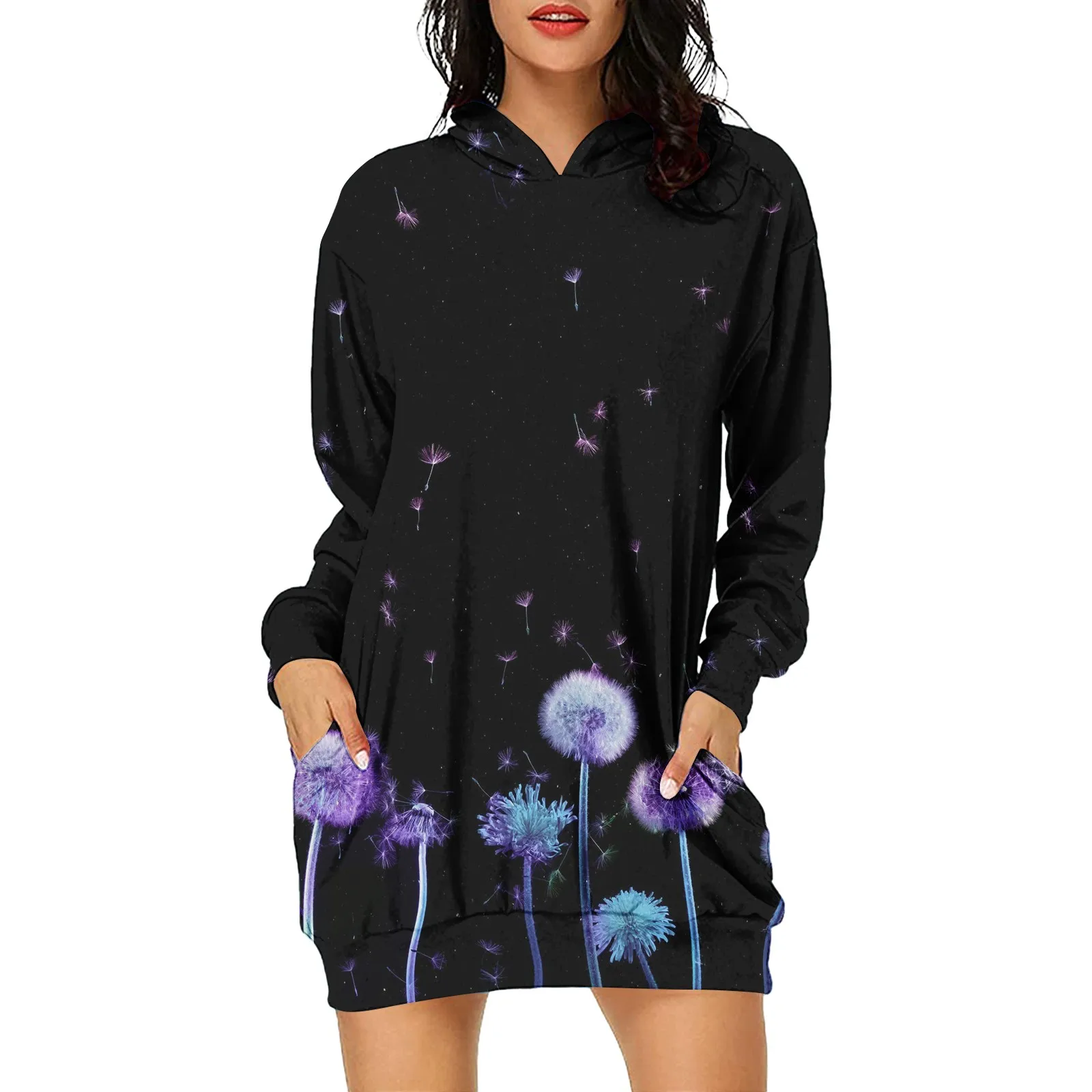 

Hooded Long Sleeve Casual Sexy Dress Bag Hip Pocket Print Sweatshirt Fashion Dress