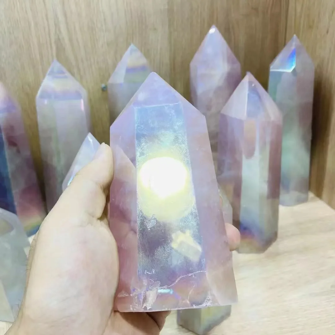 

Large Size Natural Aura Rose Quartz Crystal Point Wand Healing Stone Meditation Home Decoration Reiki Polished Chakra Tower