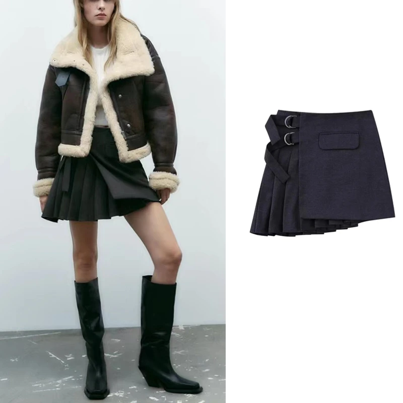 

Женская мини-юбка с поясом Za, ассиметричная плиссированная юбка-брюки из искусственной кожи, 2022