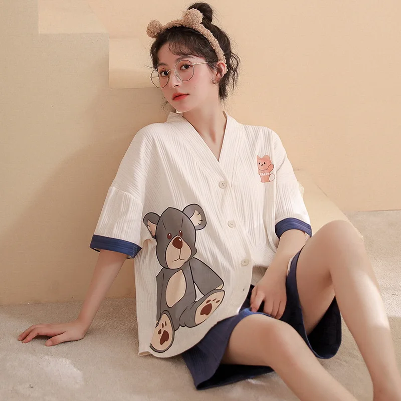 Cotton Women Pajamas Sets Cartoon Pyjamas Female Loungewear Pijamas Short Sleeve Button Down Top Shorts Suit Sleepwear Nightwear