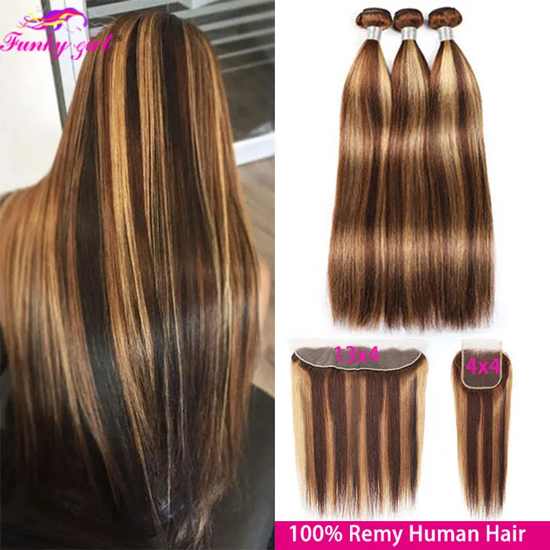 Brazilian P4 27 Highlight Bundles Straight Human Hair Bundles With Frontal 13x4 Front Ombre Human Hair Weave Bundle With Closure