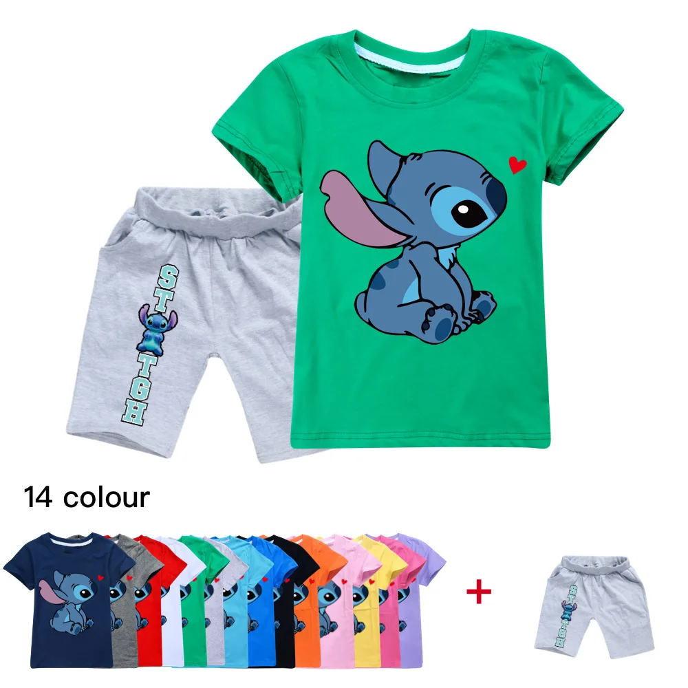 

2022 Summer New Stitch Cartoon Print Girls Cotton Short Sleeve T-Shirt Boys Clothing Toddler Girls Pattern Set 2-16Y