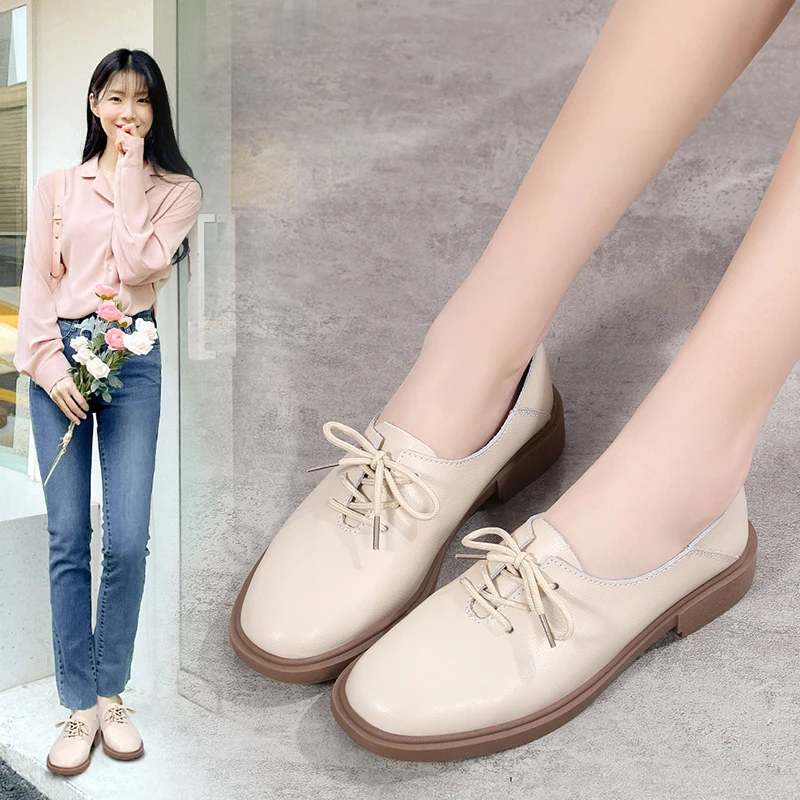 

Fashion Designer Women Loafers Low Heel High Quality Leather Females Single Shoes Lace Up Classic All-Match Women's Casual Shoes