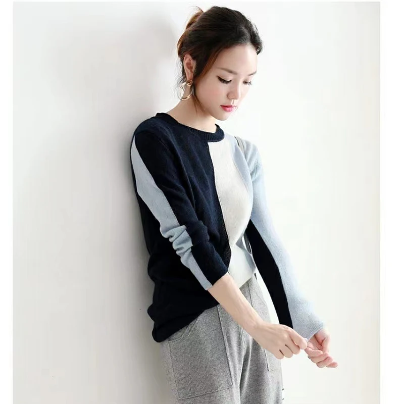 Counter Shopping Mall Withdrawal Clearance Leak-Picking Overplus Order Women clothes Small round Neck Contrast Color Knit Gen...