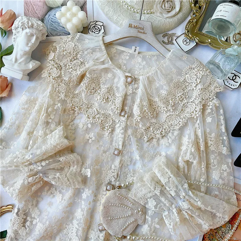

French Elegant White Love Embroidered Pearl Lotus Leaf Doll Collar Bell Sleeve Lace Shirt Top Woman Shirts