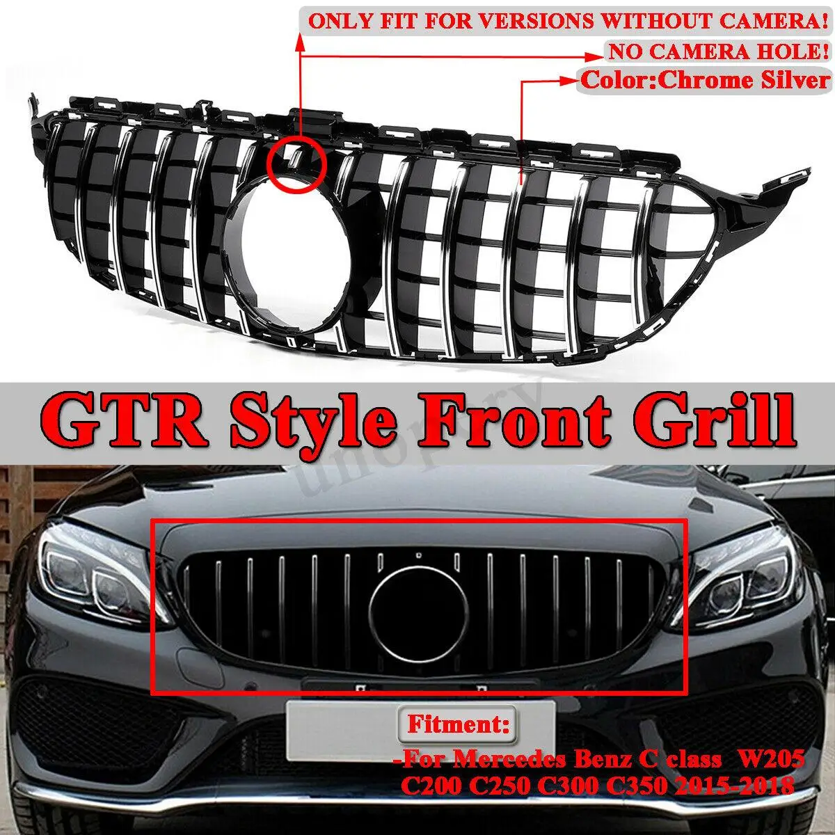 

RMAUTO AMG GT Style Car Front Bumper Grille Racing Grill Silver Black For Mercedes Benz W205 C200 C250 C300 C350 2015-2018 Grill