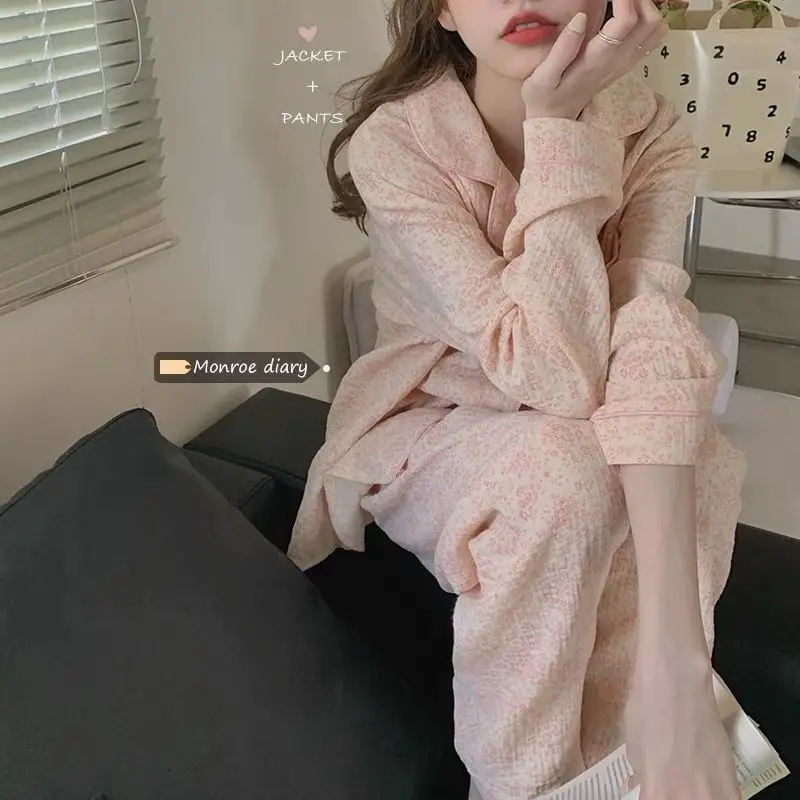 QWEEK Sleepwear Women's Cotton Trouser Suits Pink Floral Pajamas Spring Autumn Home Clothes Kawaii Pijamas Pyjamas Nightwear
