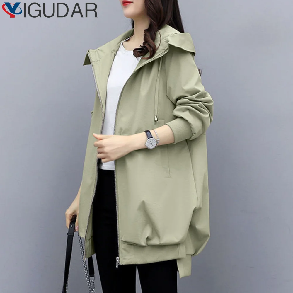 

Casual women's Solid Color Loose Hooded Jackets Multiple Zippers Spring Autumn Hip Hop Streetwear Coats Top Windbreaker y2k