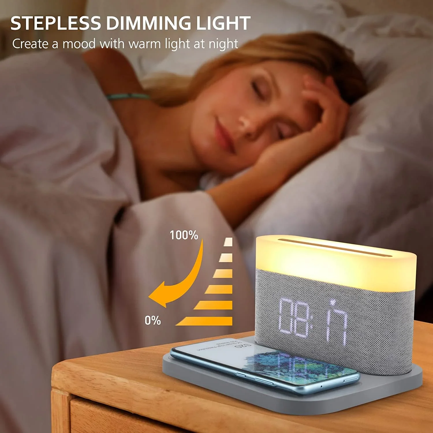 

Fast WirelessCharging Touch Controlled15W Digital Alarm Clock Night Light Bedside Light Adjustable Brightness Snooze USB Charger