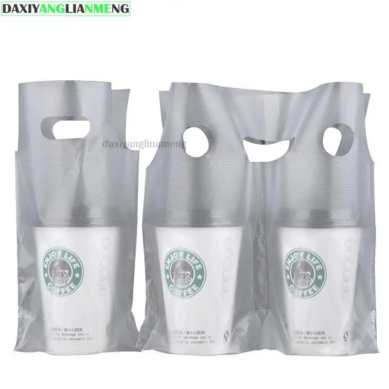 300pcs/lot Clear Juice Handle Coffee Tote Bag White Transparent Packaging Pocket Single Double Cups Plastic Bags Cokes Tea