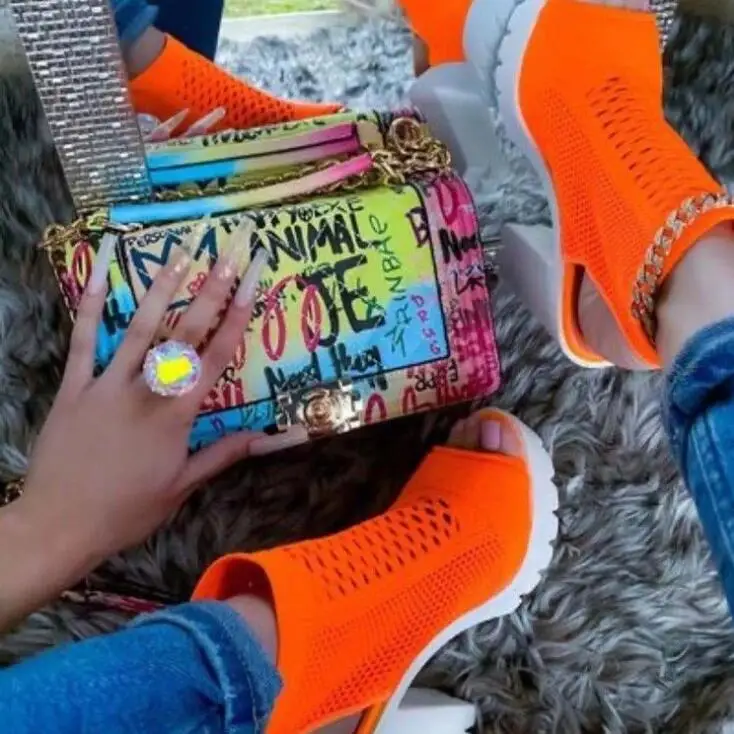 

New 2022 women mesh thick-heeled fish mouth round-headed large size fashion high heels women outdoor all-match slippers