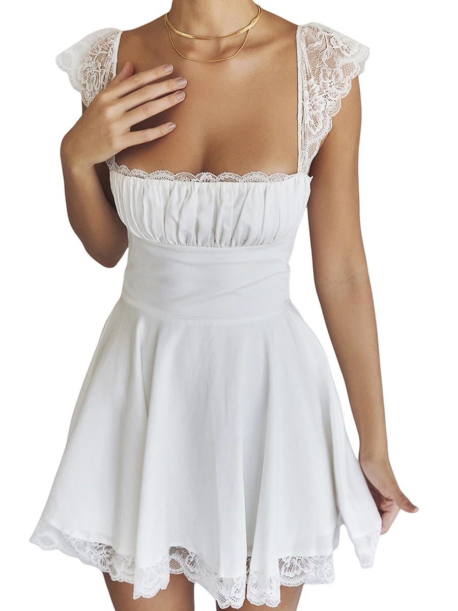 

Women\u2019s Vintage A-line Dress Short Sleeve Ruched Bust Solid Color Flowy Mini Dress