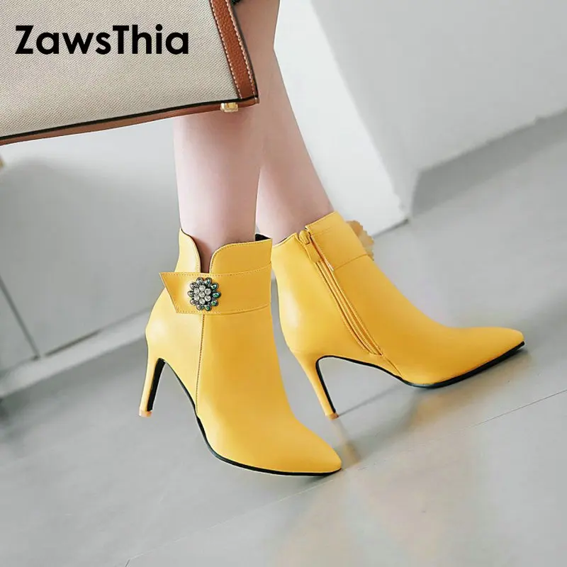 Женские ботинки с острым носком QPLYXCO желтые белые ботильоны на тонком высоком