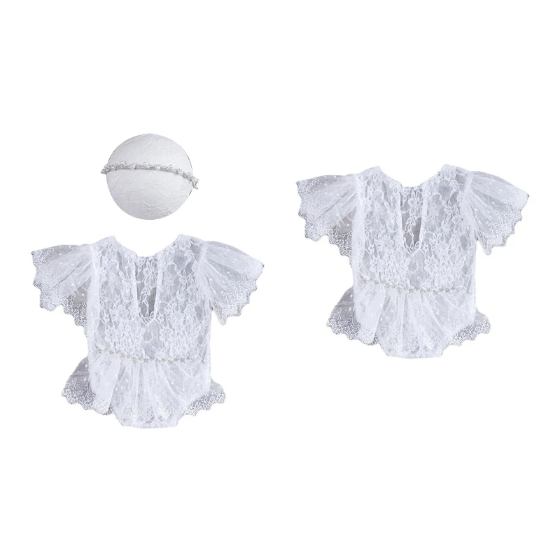 

2 Pcs Infants Newborn Photography Props Outfits Baby Lace Romper Headband Set
