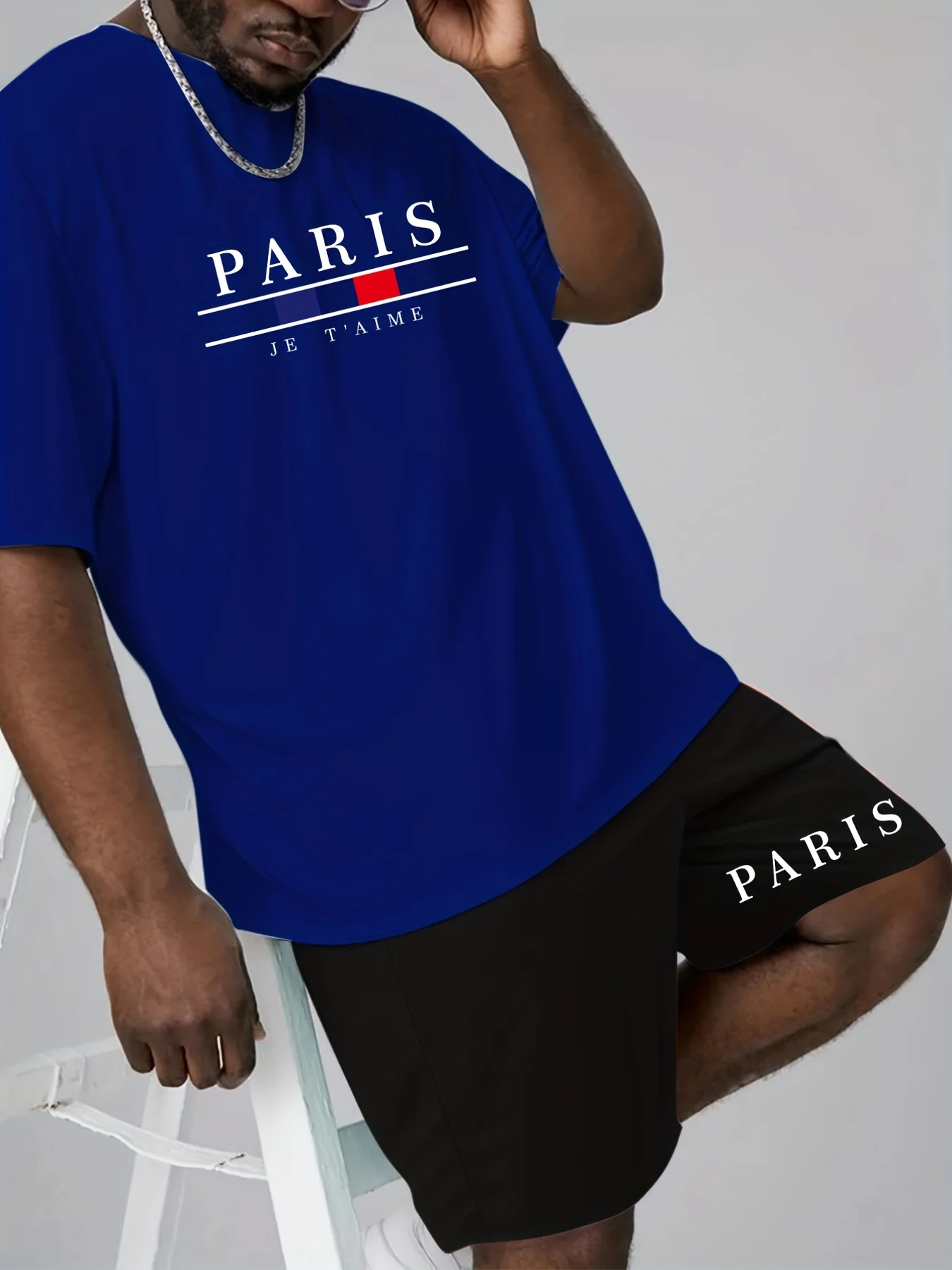 2023 Plus Size Men's Trendy Paris Letters Print T-shirt Shorts Set, Casual Graphic 2PCS Outfits For Summer Sports