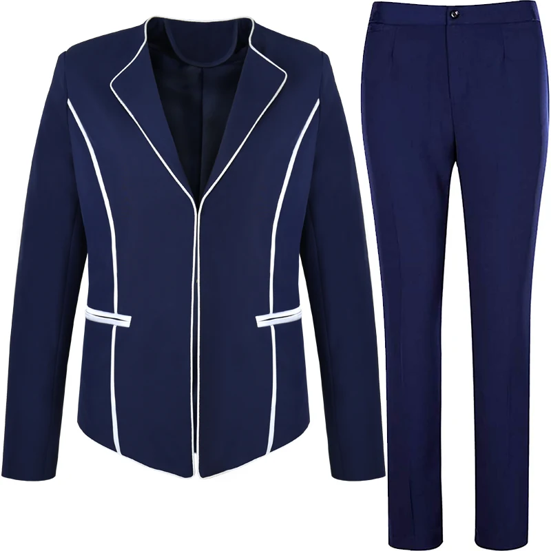 Lenshin Anti-wrinkle Smooth Fabric Hidden Button Contrast Binding Navy Blue Pant Suit Two-piece Set Women Fashion Trouser Suits