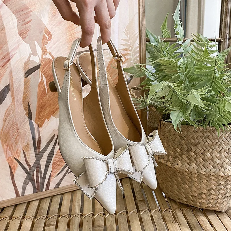 

Bow stiletto heel back empty sandals women's 2022 spring fashion new fashion low heel pointed buckle toe sandals heels women