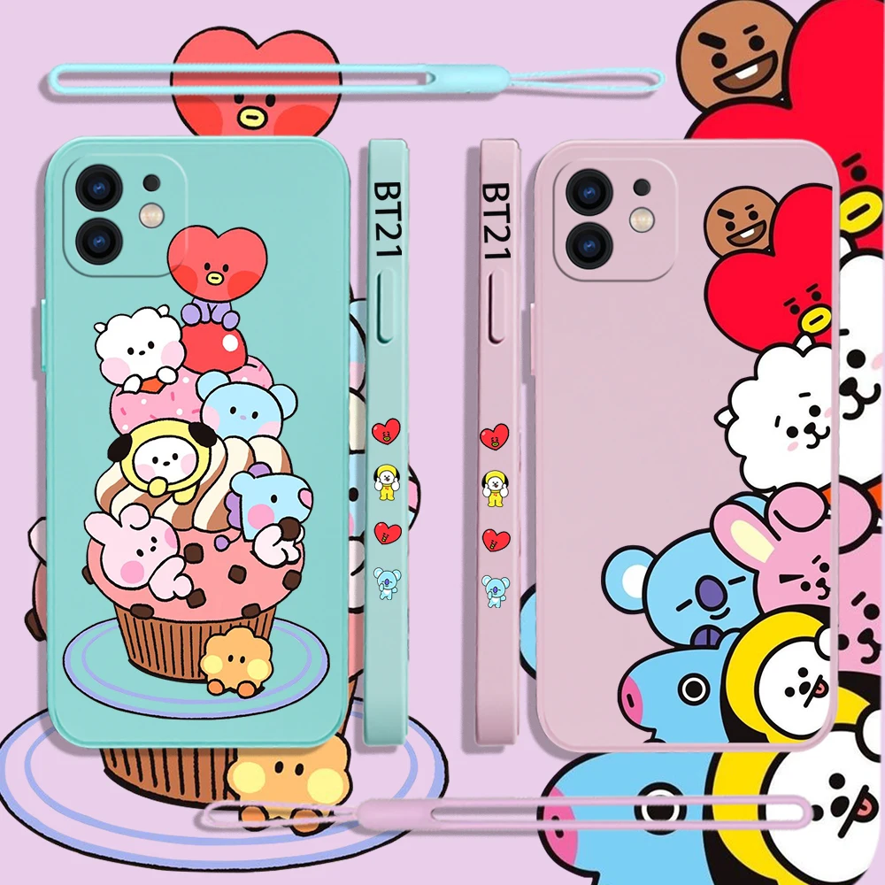 

Korean Cartoon BT21 Combination Phone Case For iPhone 14 13 12 11 Pro Max Mini X XR XS MAX SE20 8 7 Plus 6S Plus with Hand Strap