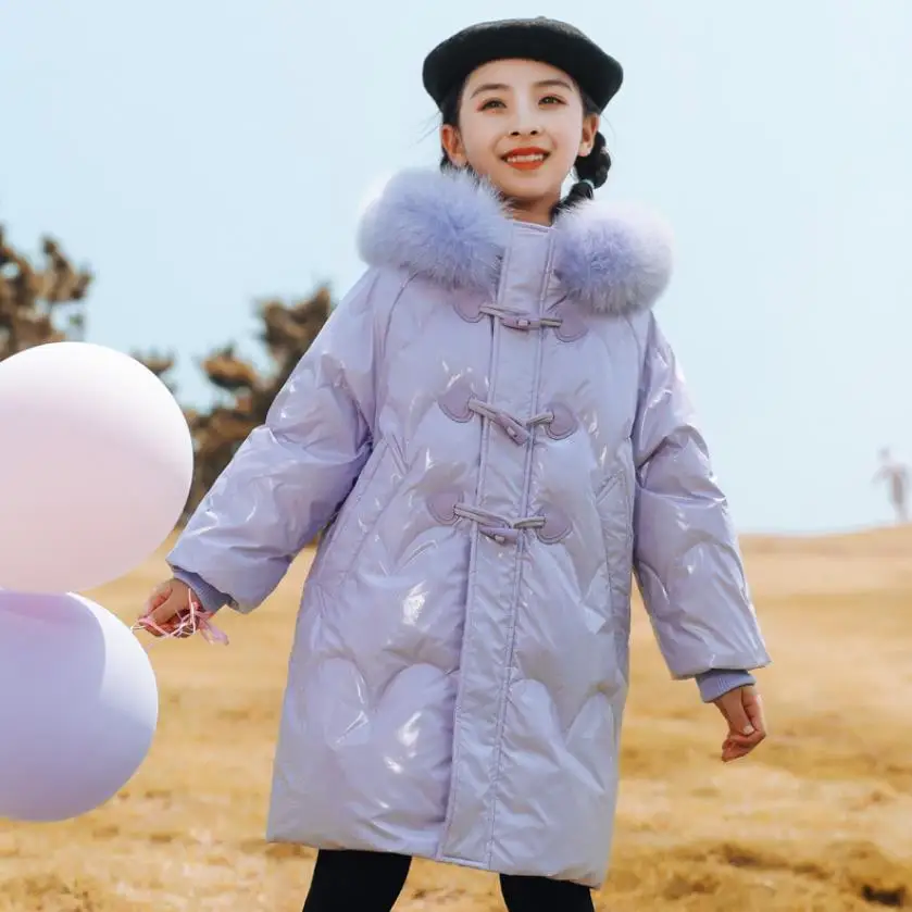 Children White Duck Down Jackets for Girls Winter -30 ℃ New Glossy Fur  Children Waterproof Hooded Warm Coat Outerwear Snow Wear