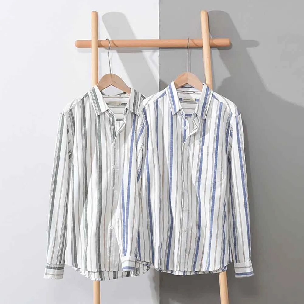 New Men's Casual Blouse Cotton Linen Shirt Loose Tops Long Sleeve Tee Shirt Spring Autumn Casual Handsome Men's Shirts Stripe