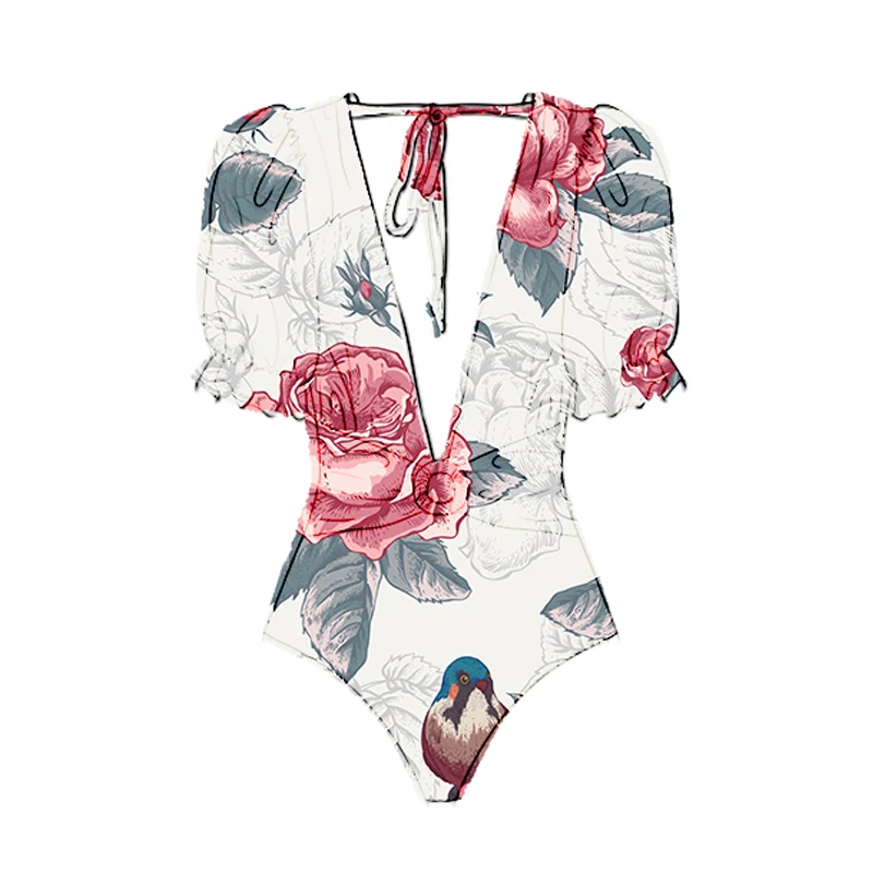 Lanswe2023 New Fashion Women Swimsuit Vintage Print Deep V Backless Fresh One-Piece Swimwear High-End Cover Up  Beach Wear