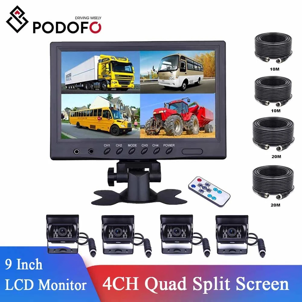 

Podofo Vehicle Car Rear View 9" LCD Monitor 4CH Quad Split Screen 4Pin for Bus Truck Caravan Van Motorhome Camper Parking Camera